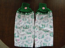 Two Kitchen Dish Towels W/ Crochet Top "BUNNIES GALORE" Flowers Dragonflies
