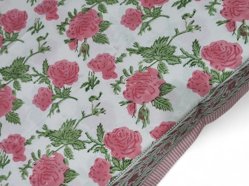 Hand Block Print India Tablecloth 100%Cotton Floral Rectangular Pink 60*90 Inch - Picture 2 of 5