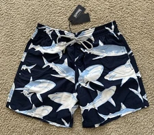 NWT 100% Authentic Vilebrequin MOOREA Swim Trunks -SHARKS- L -BLUE - MEN - LARGE