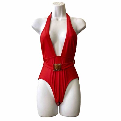 Wolf and Whistle Women's Belted Halterneck Swimsuit Size 4 US 8 UK RED Brief Cut