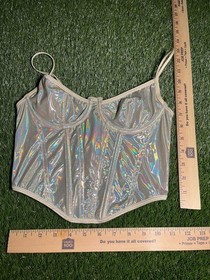 Out From Under Silver Holographic Corset Top S Structured Cups Boned Underwired