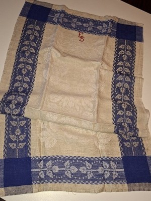 Leinentuch Küchentuch Geschirrtuch Handtuch Damast Antik benutzt 47x88 blau