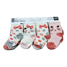 René Rofé Baby 8-Pack Super Soft Baby Socks – Cat & Bow Design | Size 0–9 Months
