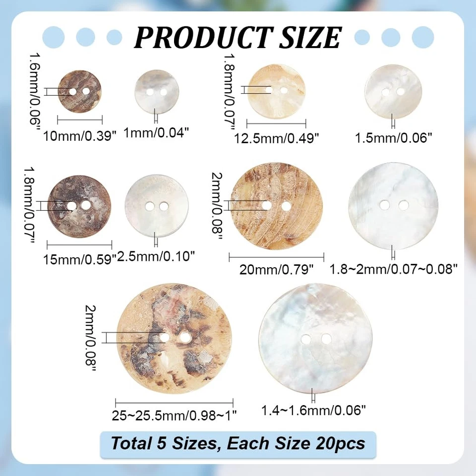 100pcs Natural Shell Buttons, 2-Hole Sewing Buttons 10/12/15/20/25mm Round Sh... - Image 2 of 4