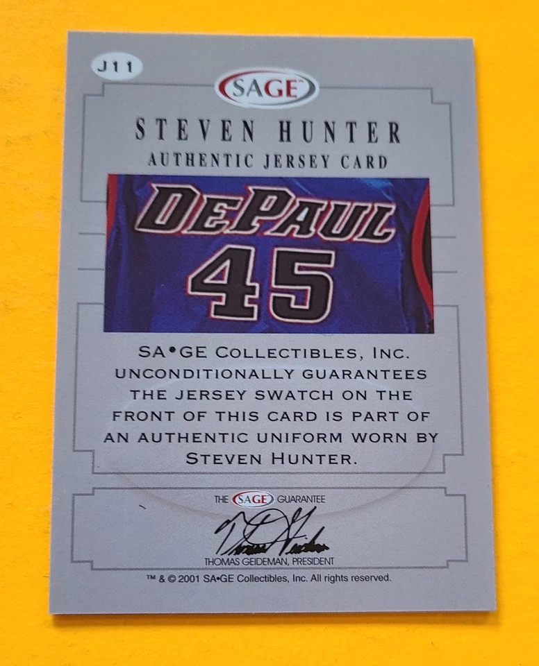 2001 SAGE #J11 Steven Hunter Authentic Jerseys Gold /99 - Image 2 of 2