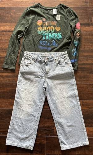 Cat & Jack Girls Size 10 Wide Leg Crop Jeans Light Wash Old Navy Shirt Outfit - Picture 1 of 8