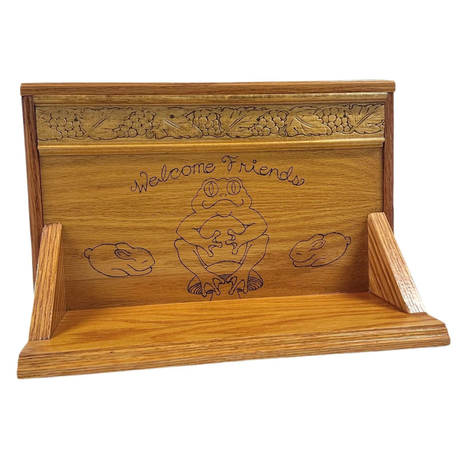 Wood Wall Shelf with Frog & Rabbit Design Cottagecore Welcome Friends 16.5”