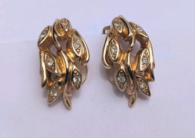 Vintage Christian Dior um 1980 goldfarbene & Strass Ohrclips Blätter
