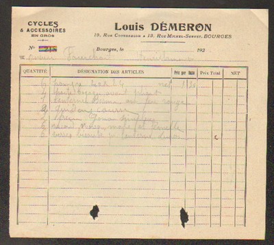 BOURGES (18) CYCLE VELO Concessionnaire TIGRA & BOUROTTE Louis DEMERON en 1921