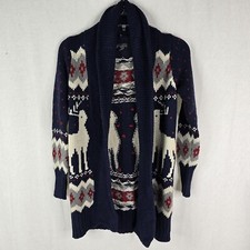 Eddie Bauer Womens Medium Reindeer Open Front Navy Blue Red Cardigan