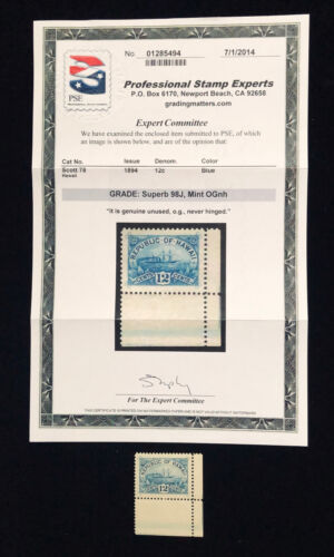 HAWAII: MINT #78 NEVER HINGED OG, HUGE MARGINS, W/PSE CERT GRADED SUPERB 98J