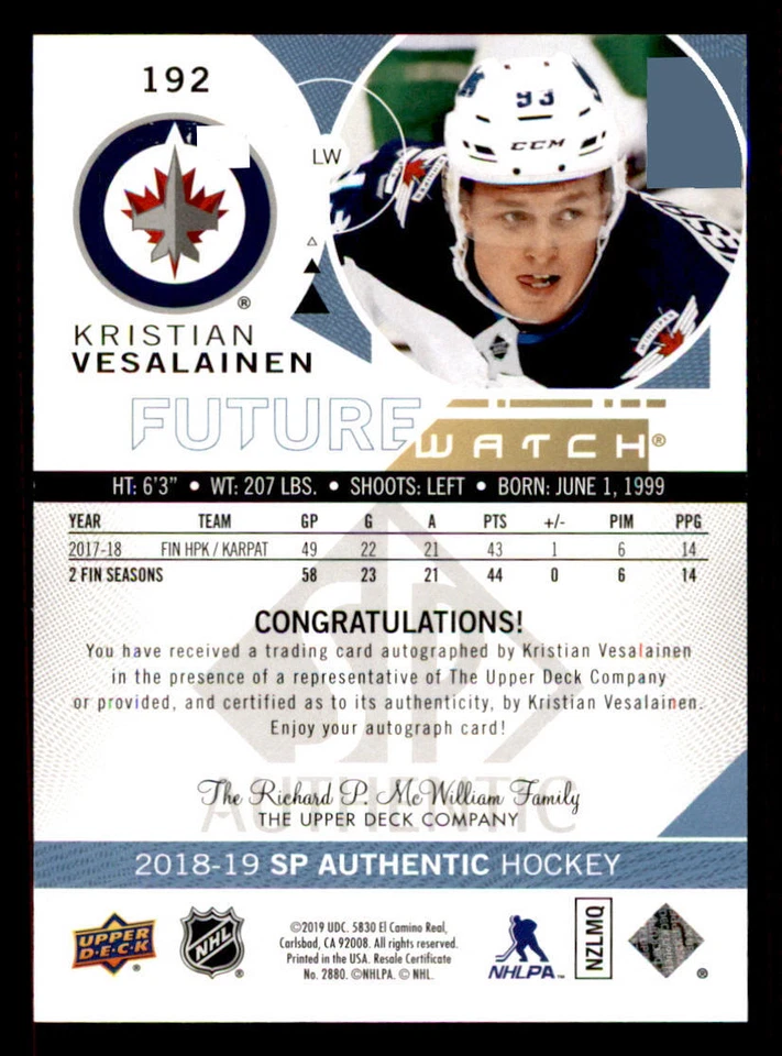 2018-19 SP Authentic #192 Kristian Vesalainen FW AU/949* RC /999 - Image 2 of 2