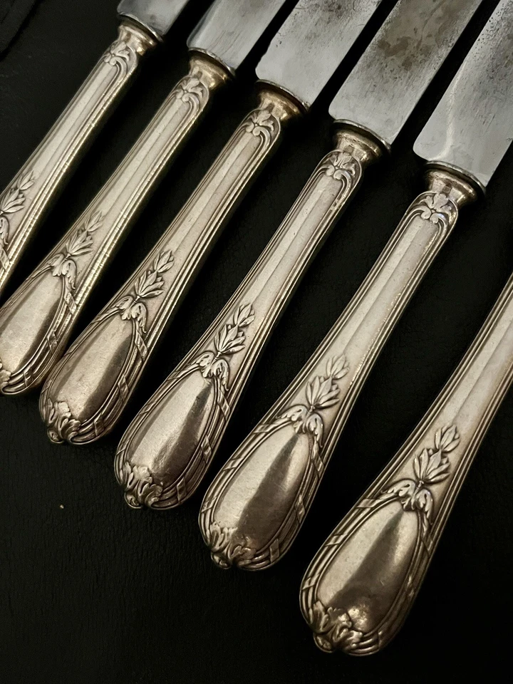 6 Christofle Alfenide Silverplate Louis XVI Style 10-3/8” Banquet Dinner Knives - Image 4 of 4