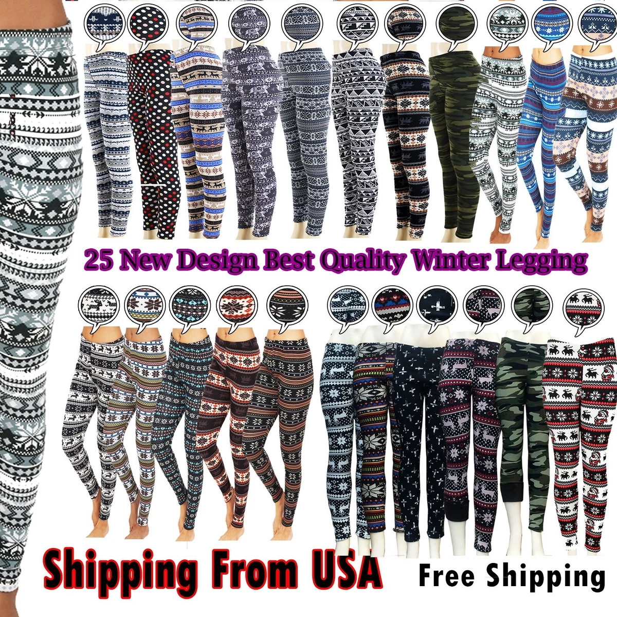 Women s Print New Winter Thick Warm Fleece Lined Stretchy Leggings Pants Warm