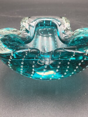 Hand Blown Murano Aqua Buliconti Glass Ash Tray 5  Round