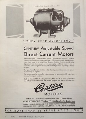 1932 AD(K7)~CENTURY ELECTRIC CO. ST. LOUIS. CENTURY DIRECT CURRENT MOTORS