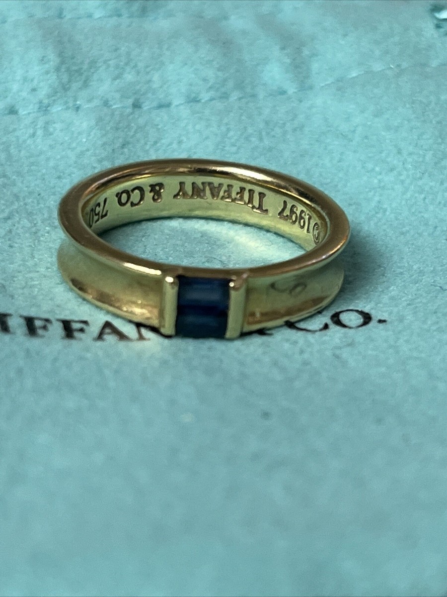 Tiffany & Co 18k Yellow Gold Blue Sapphire Baguette Wide
