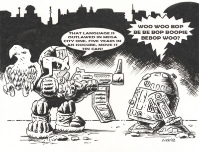 Toon Judge Dredd -vs- R2D2-OOAK Ink Drawing-Original Art-Sci Fi Illustration