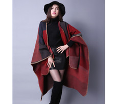 Designer Poncho DAMEN Rot schwarz Winter Wolle Schal Umhang Cape Überwurf Mantel