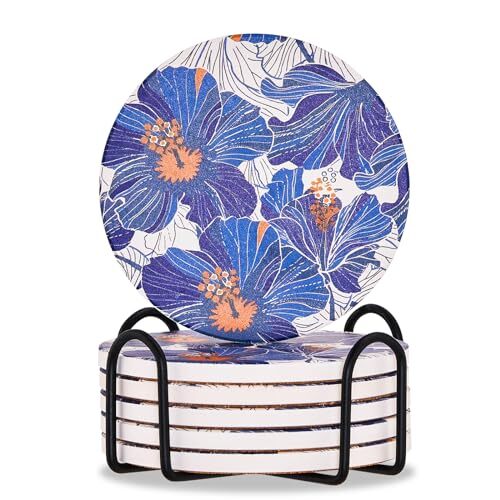 Flower Coasters Set of 6 for Drinks, Absorbent Ceramic Coasters with