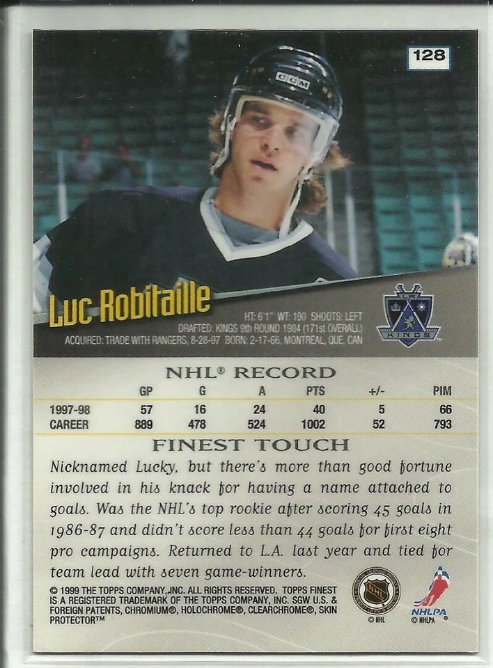 1998-99 Topps Finest #128 Luc Robitaille Los Angeles Kings - Image 2 of 2