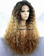 360 FREE PART HUMAN HAIR BLEND LACE FRONT WIG LONG OMBRE BROWN AUBURN BLONDE NWT