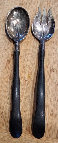 Gorham 1870’s Antique Sterling Silver & Ebony 12" Salad Servers Spoon & Fork