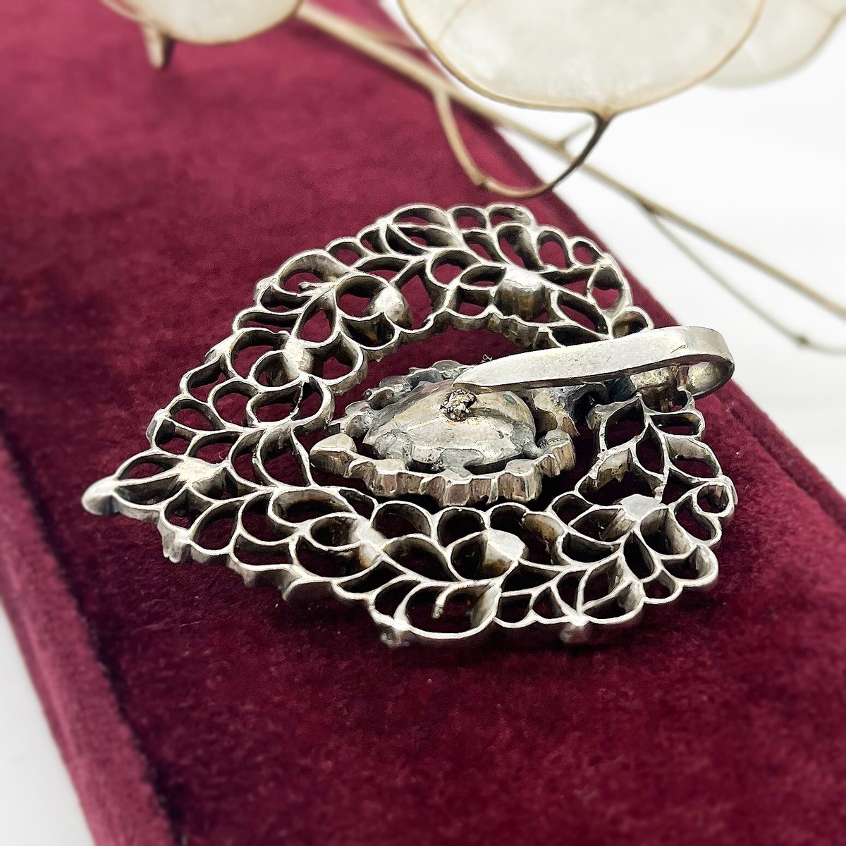 Antique Sterling Silver & Diamond Pin View 3