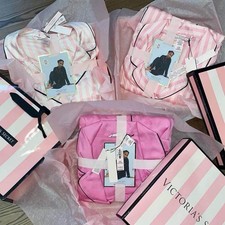 Victoria's Secret Satin Button-Up Pajama Set Striped Pink/White Collared M