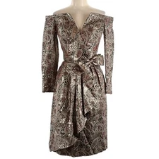 Vtg Victor Costa Saks Fifth Avenue Off-Shoulder Metallic Dress Gold Lame Size 10