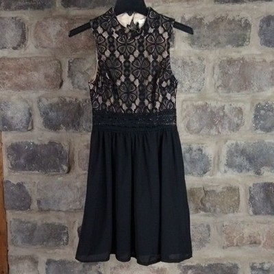 Francescas Black Lace Mock Neck Chiffon Fit & Flare Dress XS HOCO Party Formal