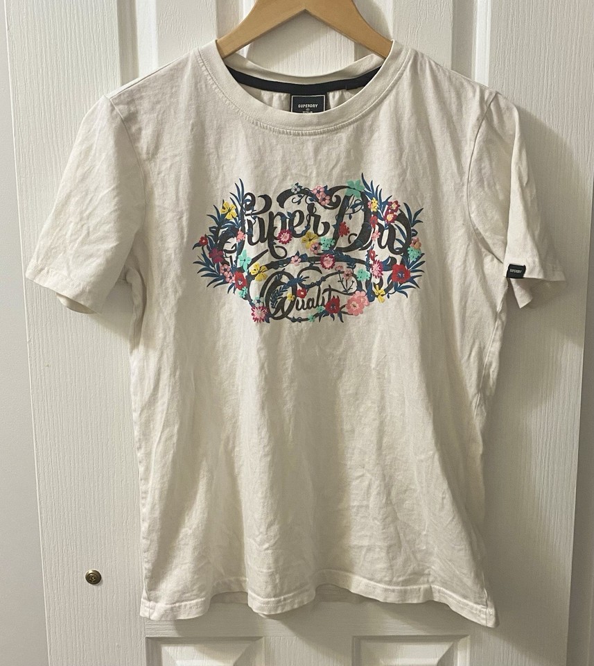 SUPERDRY Ladies Off-White/Multi-Coloured Floral T-Shirt Size 10