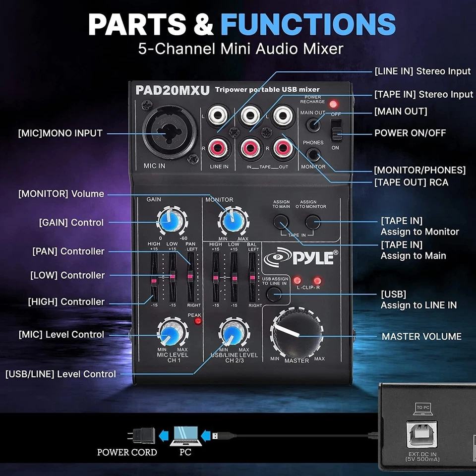 Pyle 5 Channel Professional Compact Audio Mixer with USB Interface PAD20MXU - Image 2 of 4