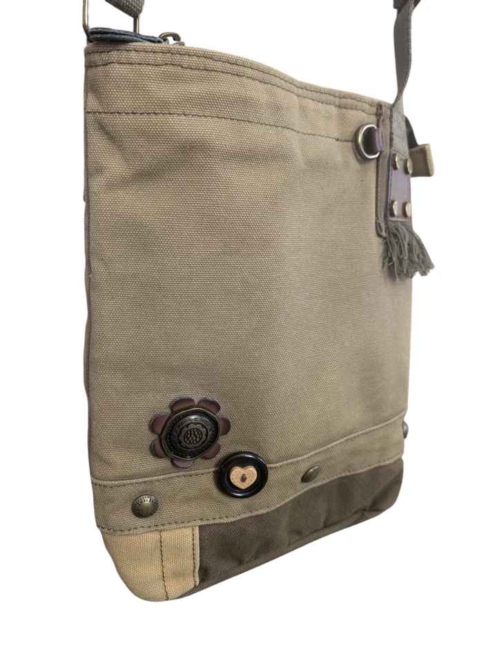 New Chala Olive Green Patch Crossbody Messenger Bag Canvas w/ Leather and Brass - Image 3 of 4