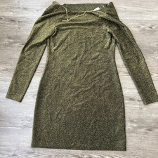 Michael Kors Off Shoulder Gold Shimmer Bodycon Dress Women Small Long Sleeve New