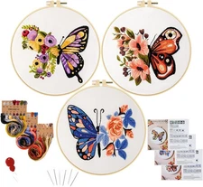 3 Sets Butterfly Embroidery Kit for Beginners Adults, Stamped Cross Stitch Kits 