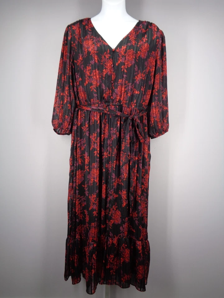 Lane Bryant Black Red Floral Maxi Dress Plus Size 24 Romantic Chiffon Metallic - Image 3 of 4