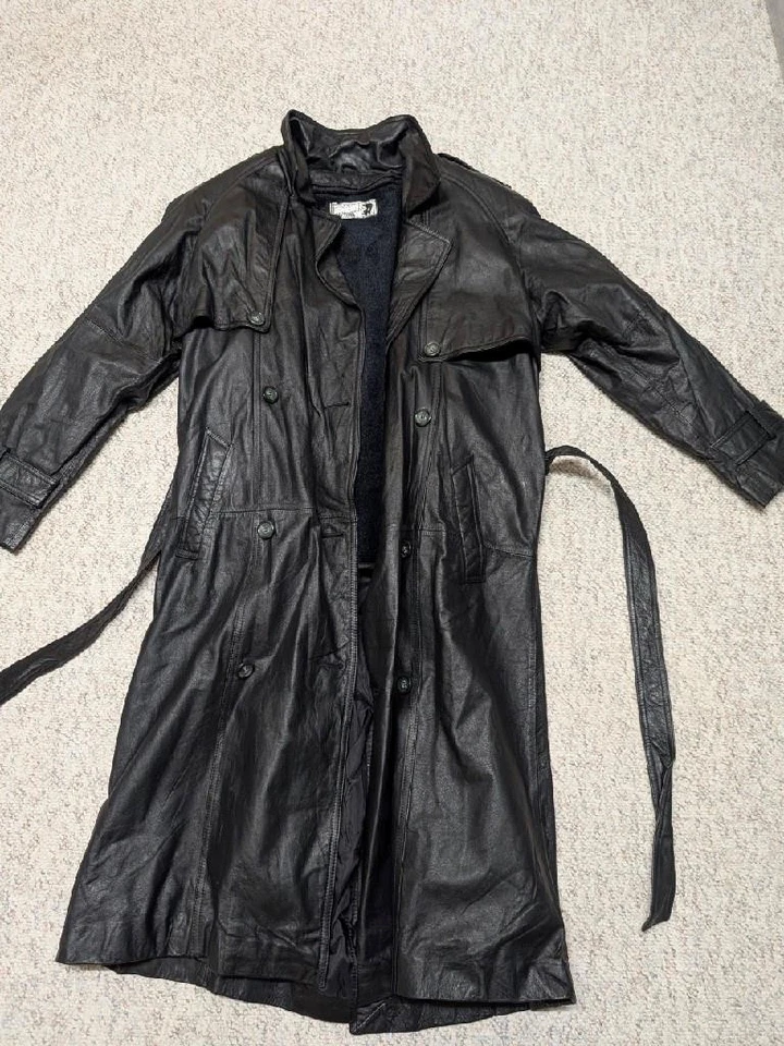 vintage TRENCH COAT black leather DUSTER belted jacket M double breasted 1980s - Image 4 of 4
