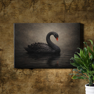 Moody Black Swan Painting Red Beak Framed Canvas Wall Art 18x12inch