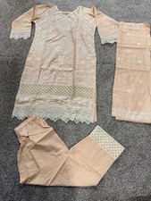 Women s 3-Piece Embroidered Salwar Kameez Suit Tunic Pants Dupatta Peach Set M