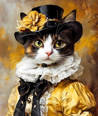 Renaissance Calico Katzenportrait im goldenen Kleid mit schwarzem Zylinderhut und Blume A1