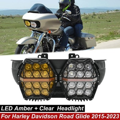 LED Amber + Clear Dual Headlight DRL For Harley Davidson Road Glide 2015-2023