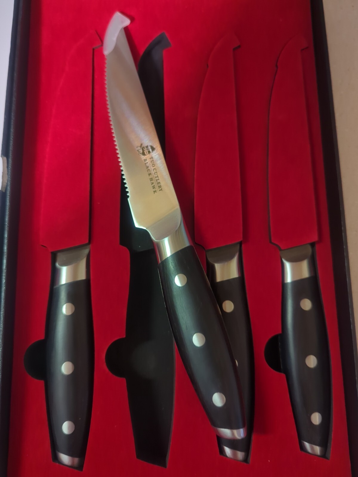 TUO Black Hawk Series 5” Serrated Edge Steak Knife Set of 4 for sale