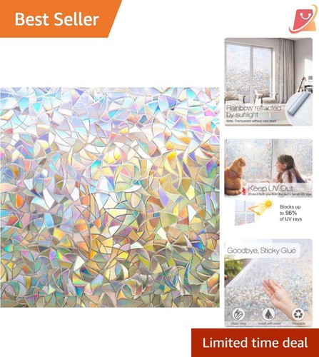 Static Cling Window Privacy Film 23.6x118.1 Decorative 3D Rainbow Tint Heat C...