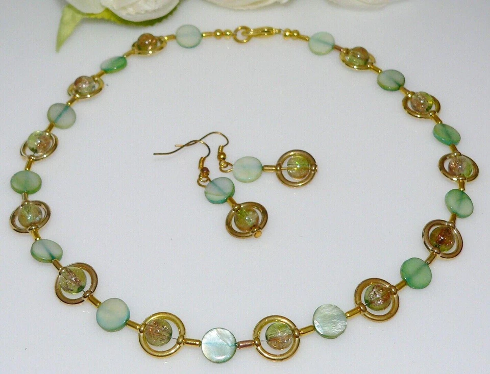 Schmuckset Kette Ohrring Perlmutt Muschel Glas Perle crash grün braun gold 297b - Bild 3 von 4