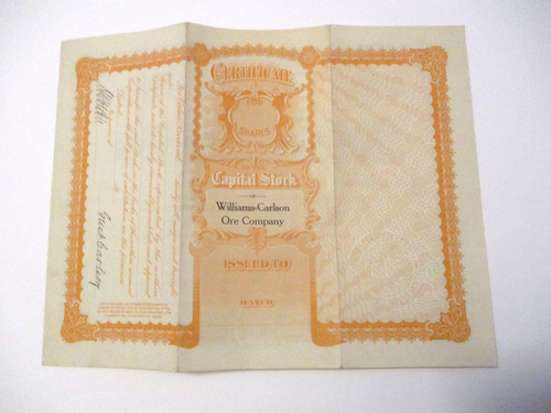 OBSOLETE ANTIQUE 1912 WILLIAMS CARLSON ORE CORP. DULUTH, MINN. STOCK CERTIFICATE - Picture 2 of 2