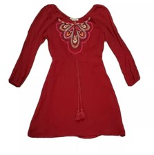 Flying Tomato Boho Embroidered Dress Brick Red Tie Waist Tassels Puff Sleeve Sm