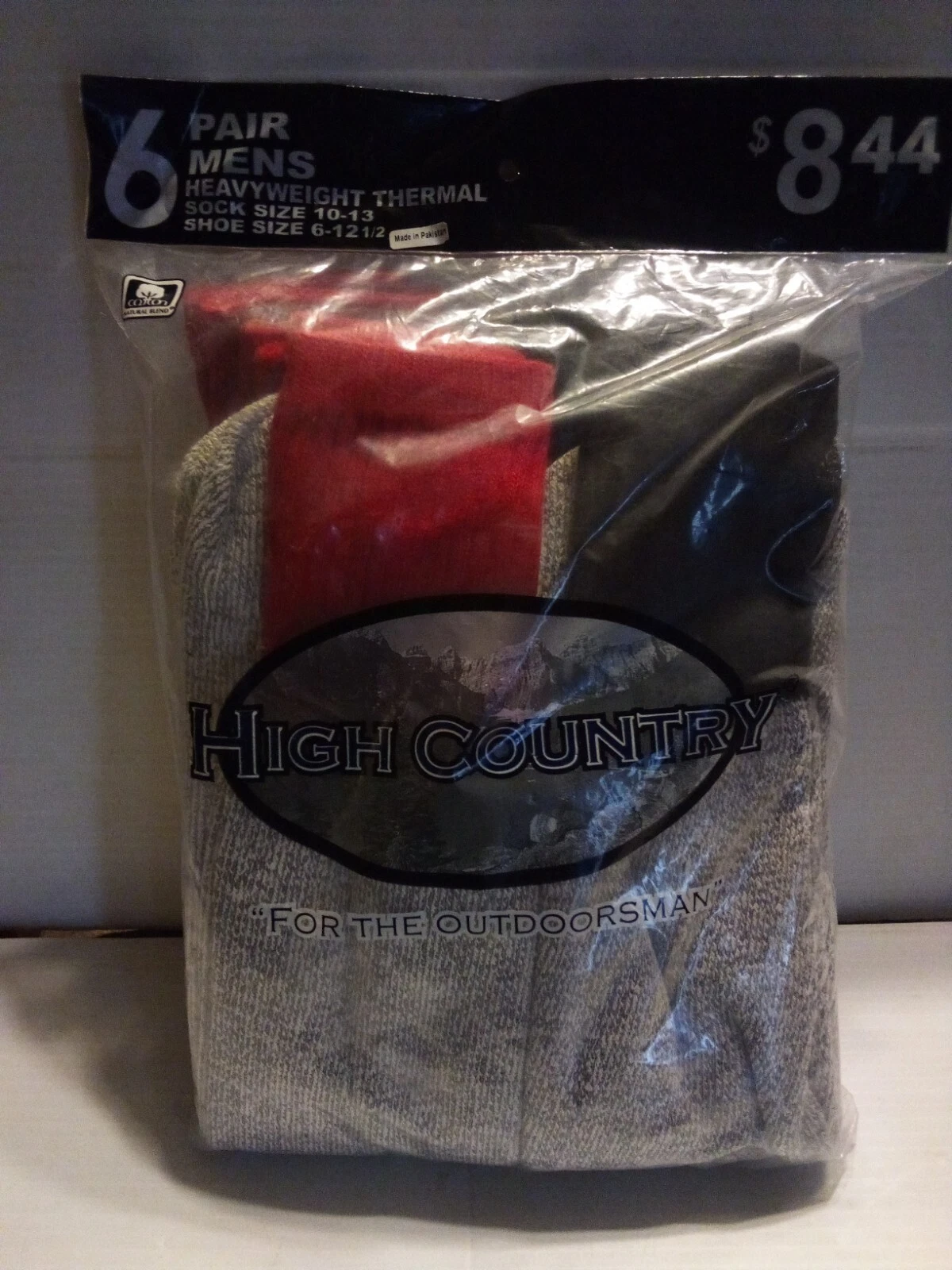 Vintage High Country 6 Pack Winter Socks Size 10-13 Cotton Blend Gray/Black/Red