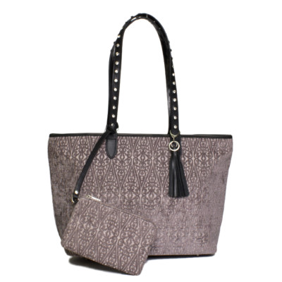 Raviani Gray Pattern Tapestry W/Leather Trim Crystals Cosmetic Bag 