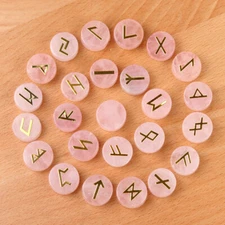 25pcs Rose Quartz Stone Rune Crystal Set Elder Futhark Reiki Healing Gemstone